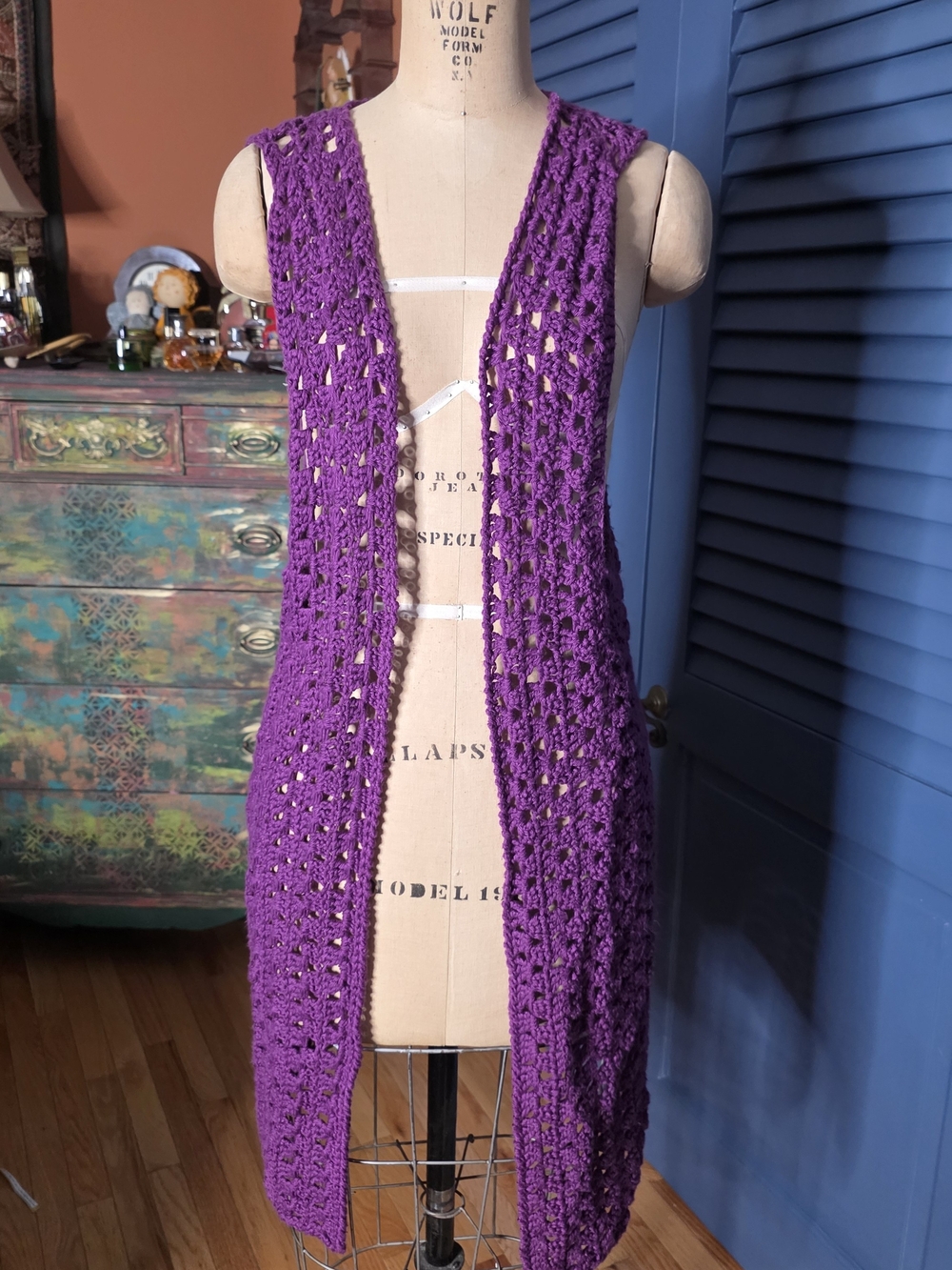 Long Purple Open-Knit Crochet Vest